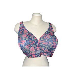 Cacique Womens Floral Wire-Free Bra 46D Blue With Pink Flowers Adjustable Straps